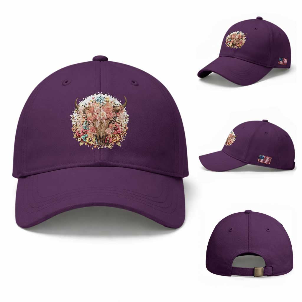 Boho Western Floral Longhorn Bull Skull Baseball Cap Rustic Cowgirl Ranch Gift