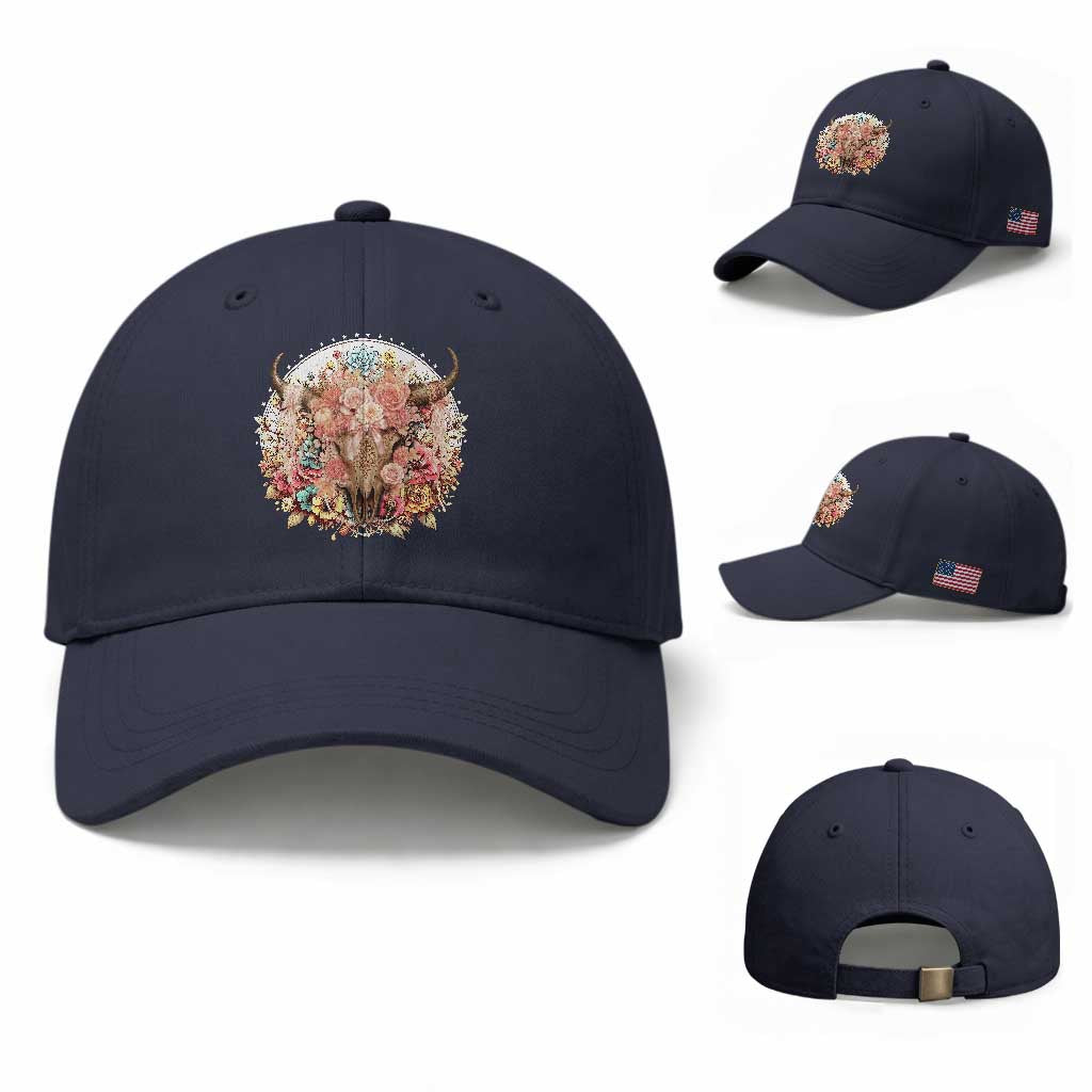 Boho Western Floral Longhorn Bull Skull Baseball Cap Rustic Cowgirl Ranch Gift