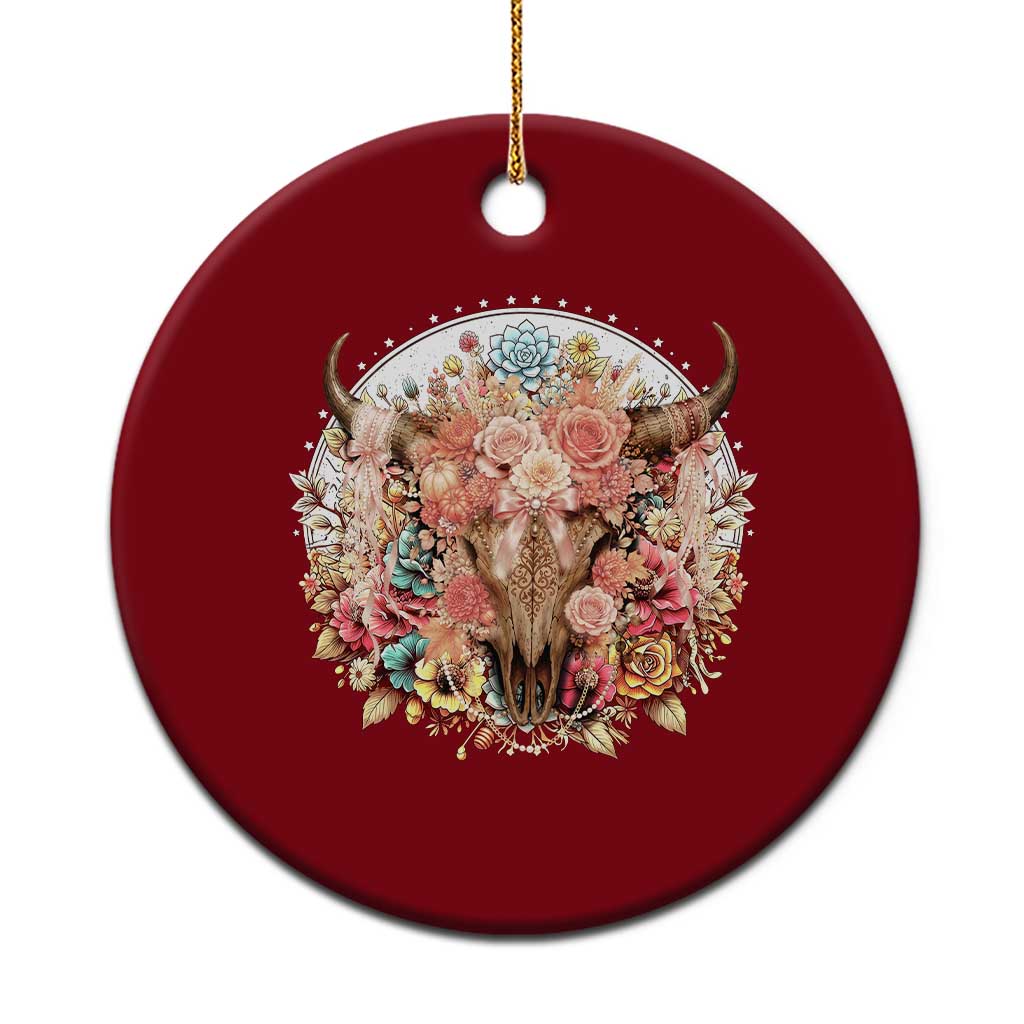 Boho Western Floral Longhorn Bull Skull Ceramic Ornament Rustic Cowgirl Ranch Gift