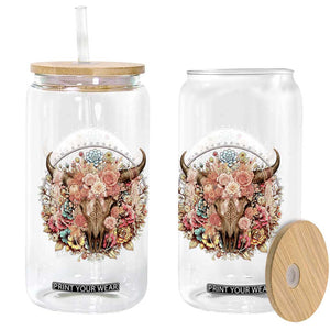 Boho Western Floral Longhorn Bull Skull Glass Can Rustic Cowgirl Ranch Gift