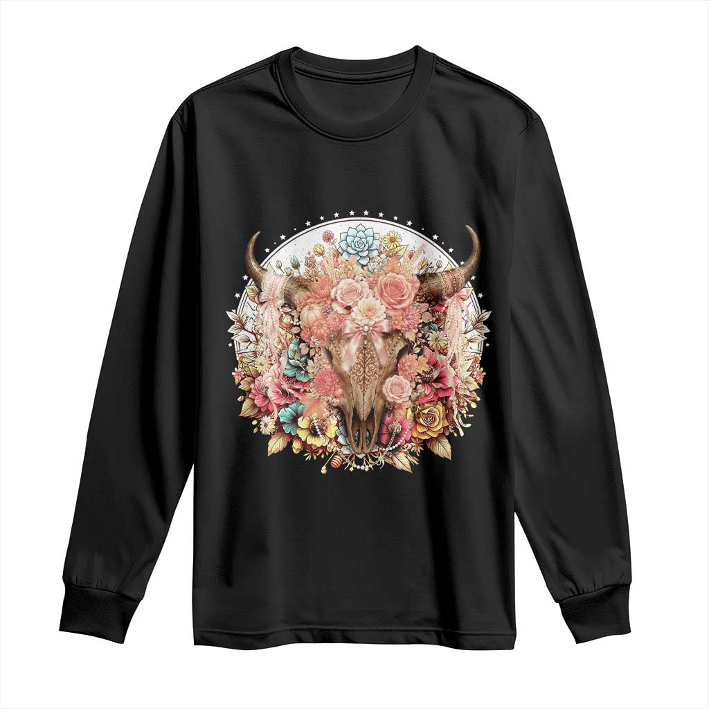 Boho Western Floral Longhorn Bull Skull Long Sleeve Shirt Rustic Cowgirl Ranch Gift