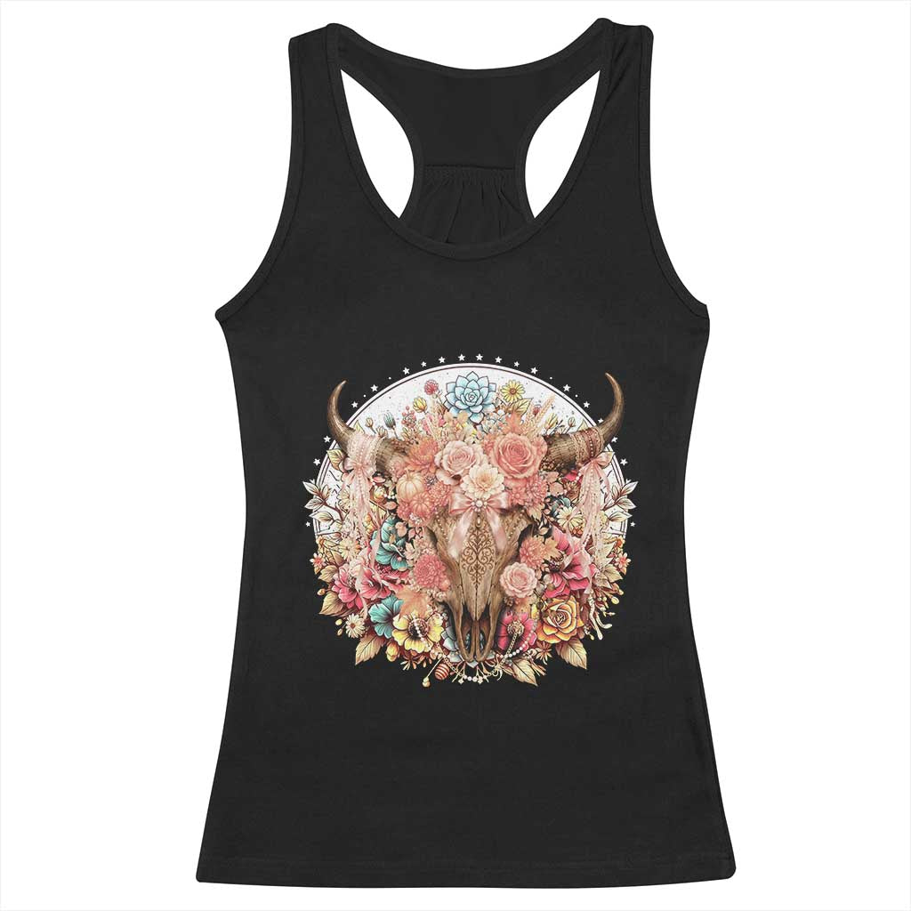 Boho Western Floral Longhorn Bull Skull Racerback Tank Top Rustic Cowgirl Ranch Gift
