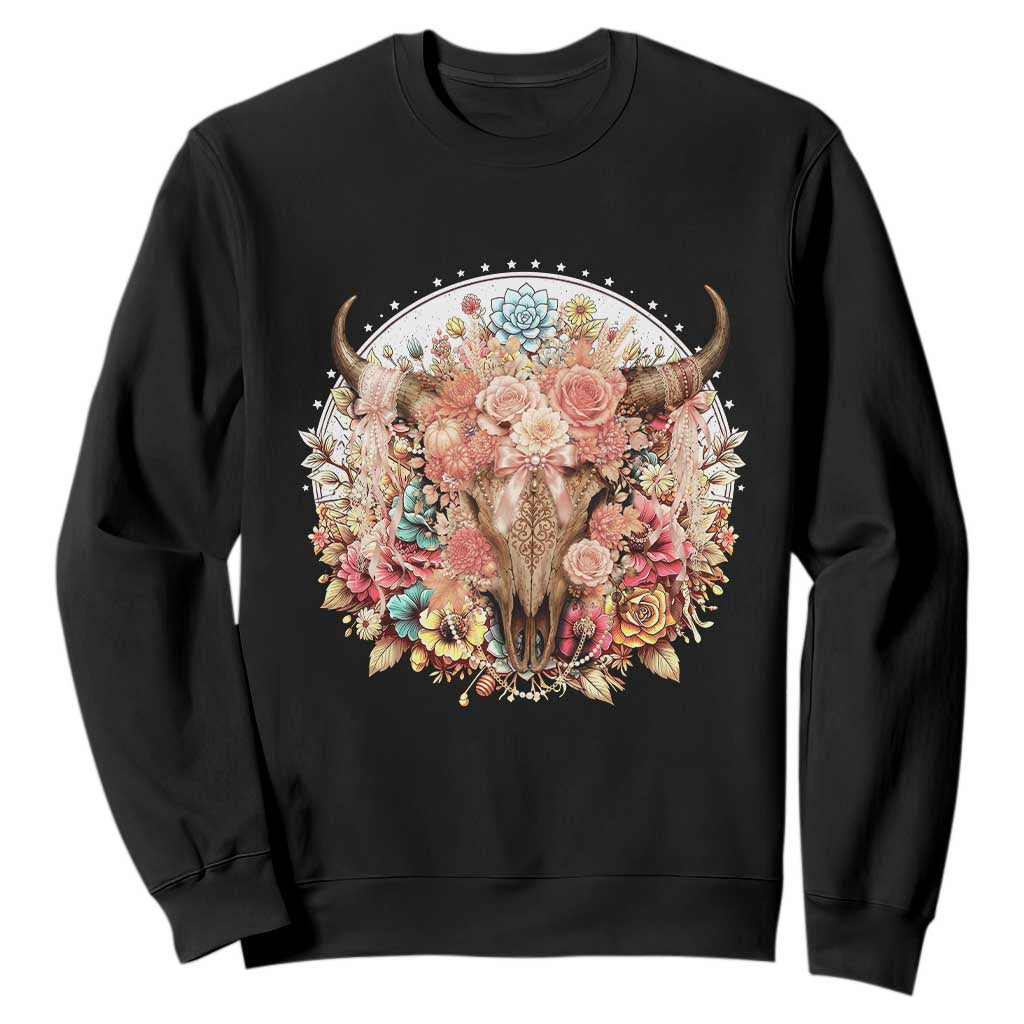 Boho Western Floral Longhorn Bull Skull Sweatshirt Rustic Cowgirl Ranch Gift