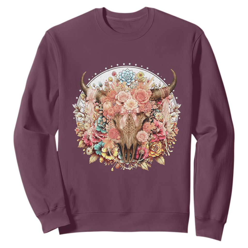 Boho Western Floral Longhorn Bull Skull Sweatshirt Rustic Cowgirl Ranch Gift
