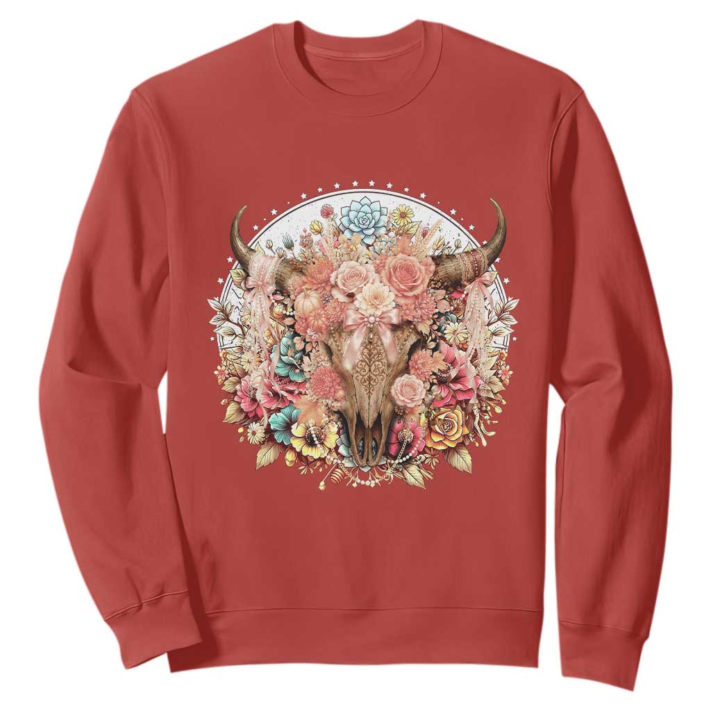 Boho Western Floral Longhorn Bull Skull Sweatshirt Rustic Cowgirl Ranch Gift