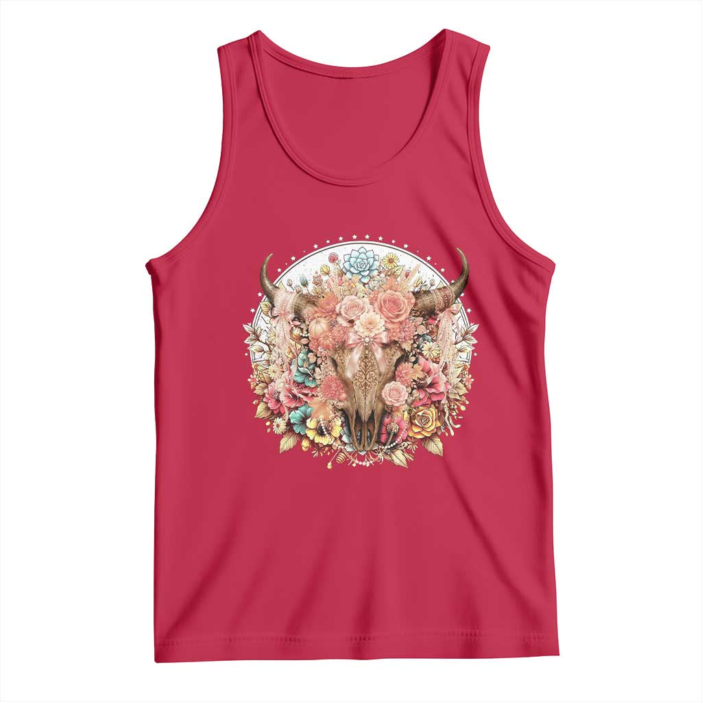 Boho Western Floral Longhorn Bull Skull Tank Top Rustic Cowgirl Ranch Gift