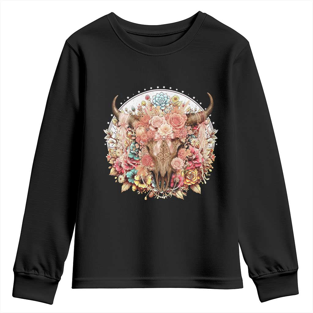 Boho Western Floral Longhorn Bull Skull Youth Sweatshirt Rustic Cowgirl Ranch Gift