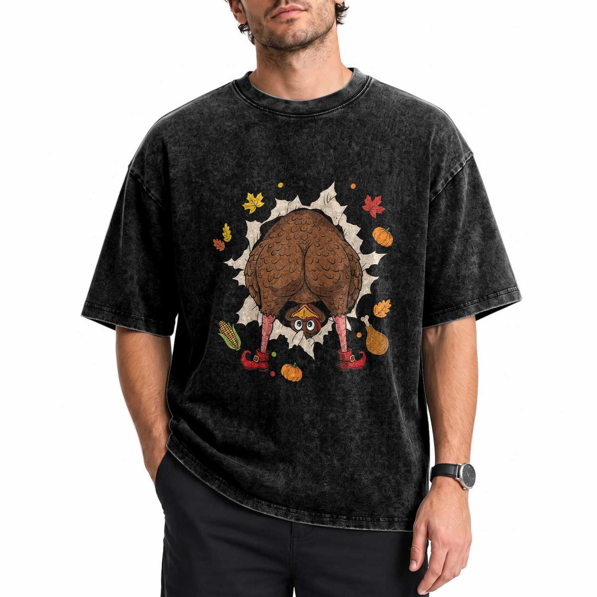 Funny Turkey Butt Thanksgiving Washed Cotton T-Shirt Silly Feast Party Gift