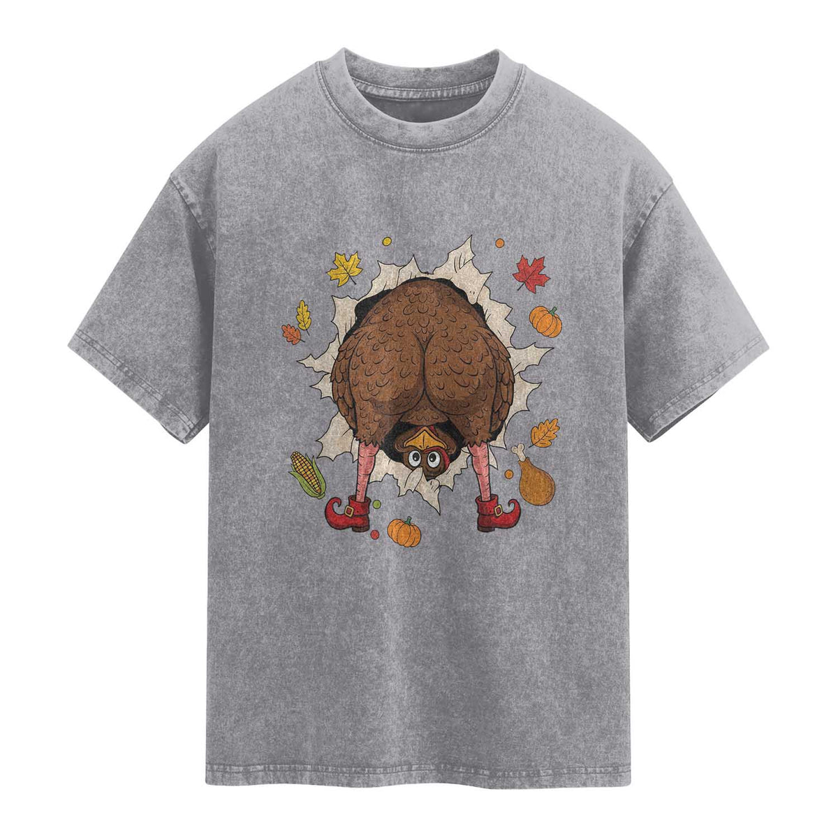 Funny Turkey Butt Thanksgiving Washed Cotton T-Shirt Silly Feast Party Gift