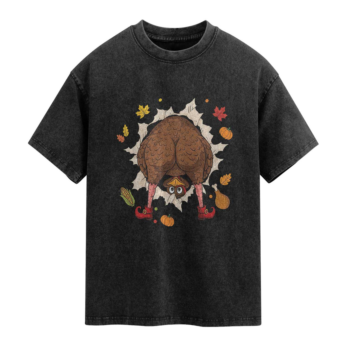 Funny Turkey Butt Thanksgiving Washed Cotton T-Shirt Silly Feast Party Gift