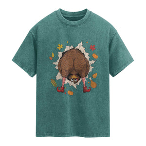 Funny Turkey Butt Thanksgiving Washed Cotton T-Shirt Silly Feast Party Gift
