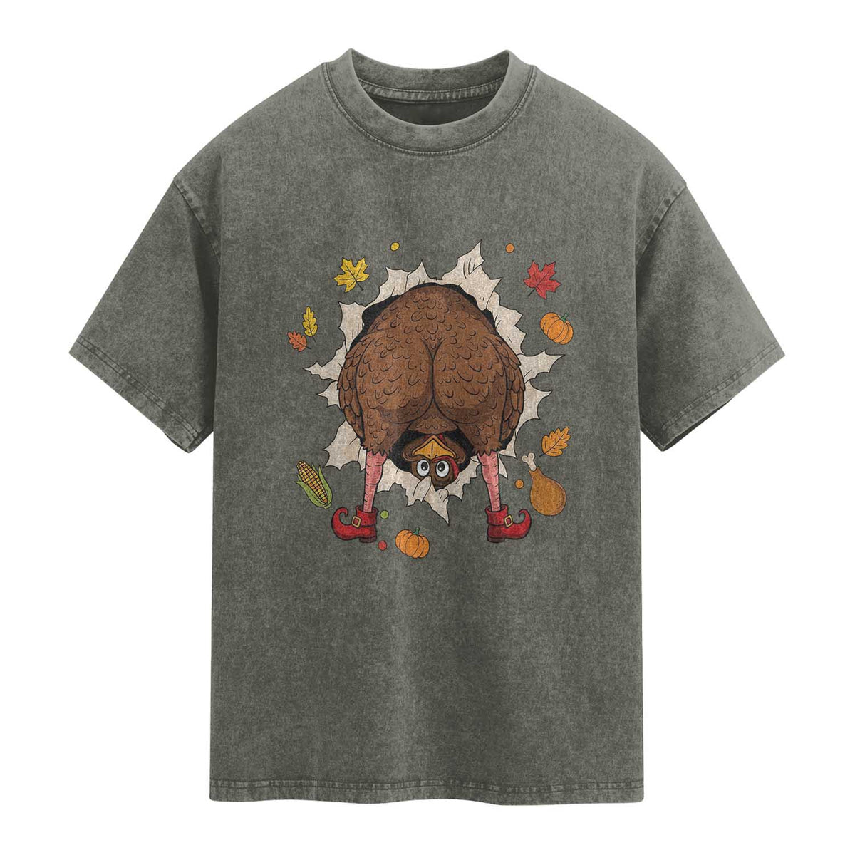 Funny Turkey Butt Thanksgiving Washed Cotton T-Shirt Silly Feast Party Gift