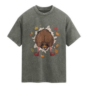 Funny Turkey Butt Thanksgiving Washed Cotton T-Shirt Silly Feast Party Gift