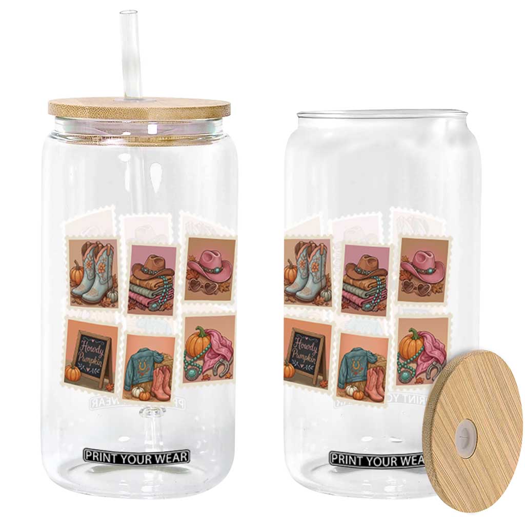 Boho Western Autumn Stamp Rodeo Cowgirl Glass Can Fall Howdy Pumpkin Gift