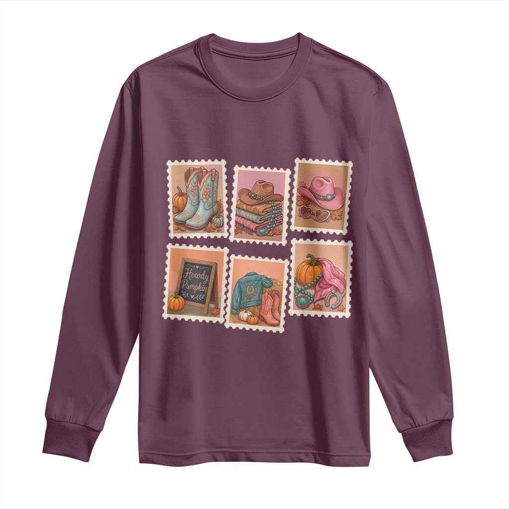Boho Western Autumn Stamp Rodeo Cowgirl Long Sleeve Shirt Fall Howdy Pumpkin Gift