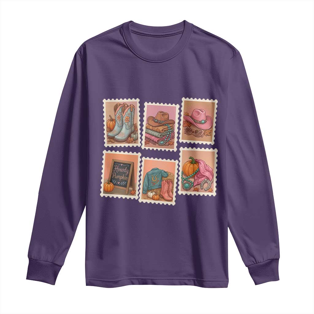 Boho Western Autumn Stamp Rodeo Cowgirl Long Sleeve Shirt Fall Howdy Pumpkin Gift