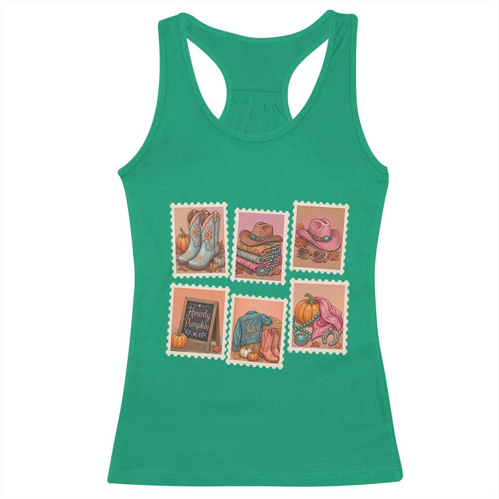 Boho Western Autumn Stamp Rodeo Cowgirl Racerback Tank Top Fall Howdy Pumpkin Gift