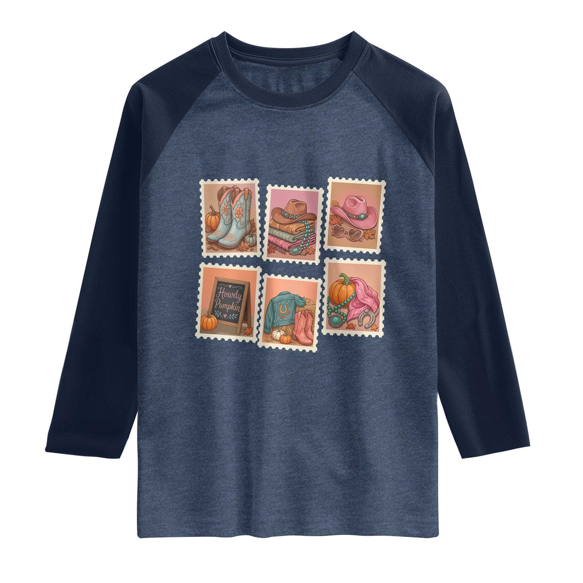 Boho Western Autumn Stamp Rodeo Cowgirl Raglan Shirt Fall Howdy Pumpkin Gift