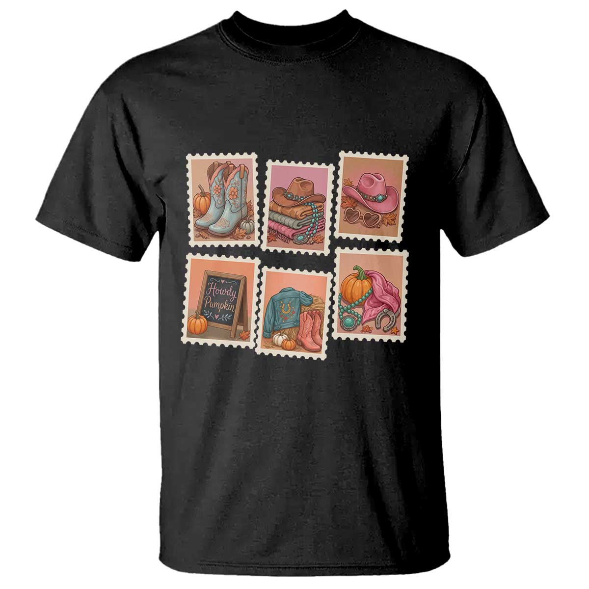 Boho Western Autumn Stamp Rodeo Cowgirl T Shirt Fall Howdy Pumpkin Gift