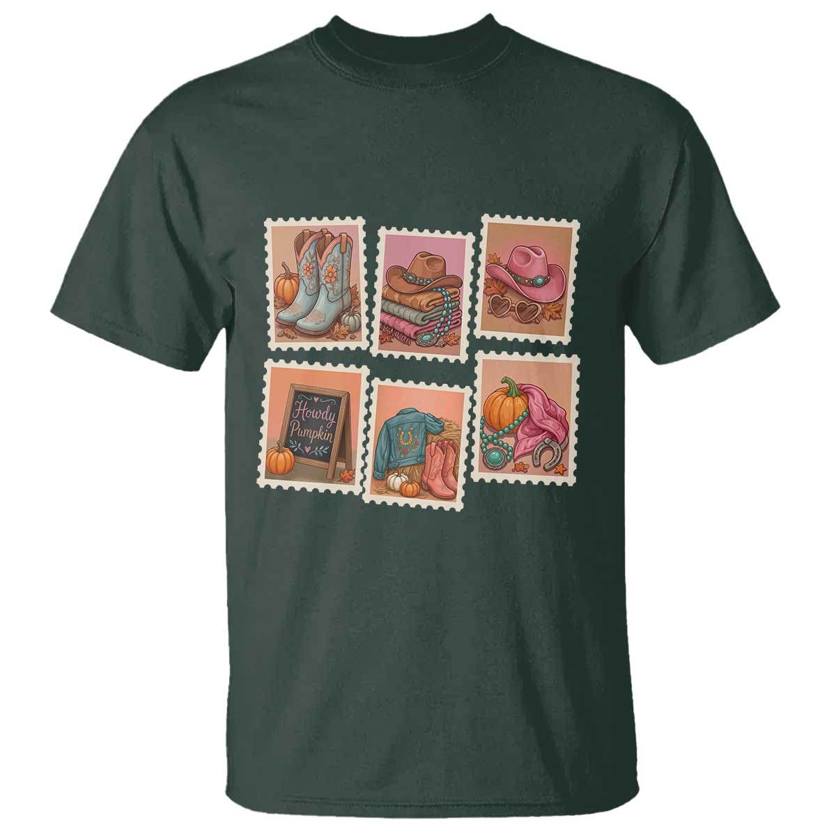 Boho Western Autumn Stamp Rodeo Cowgirl T Shirt Fall Howdy Pumpkin Gift