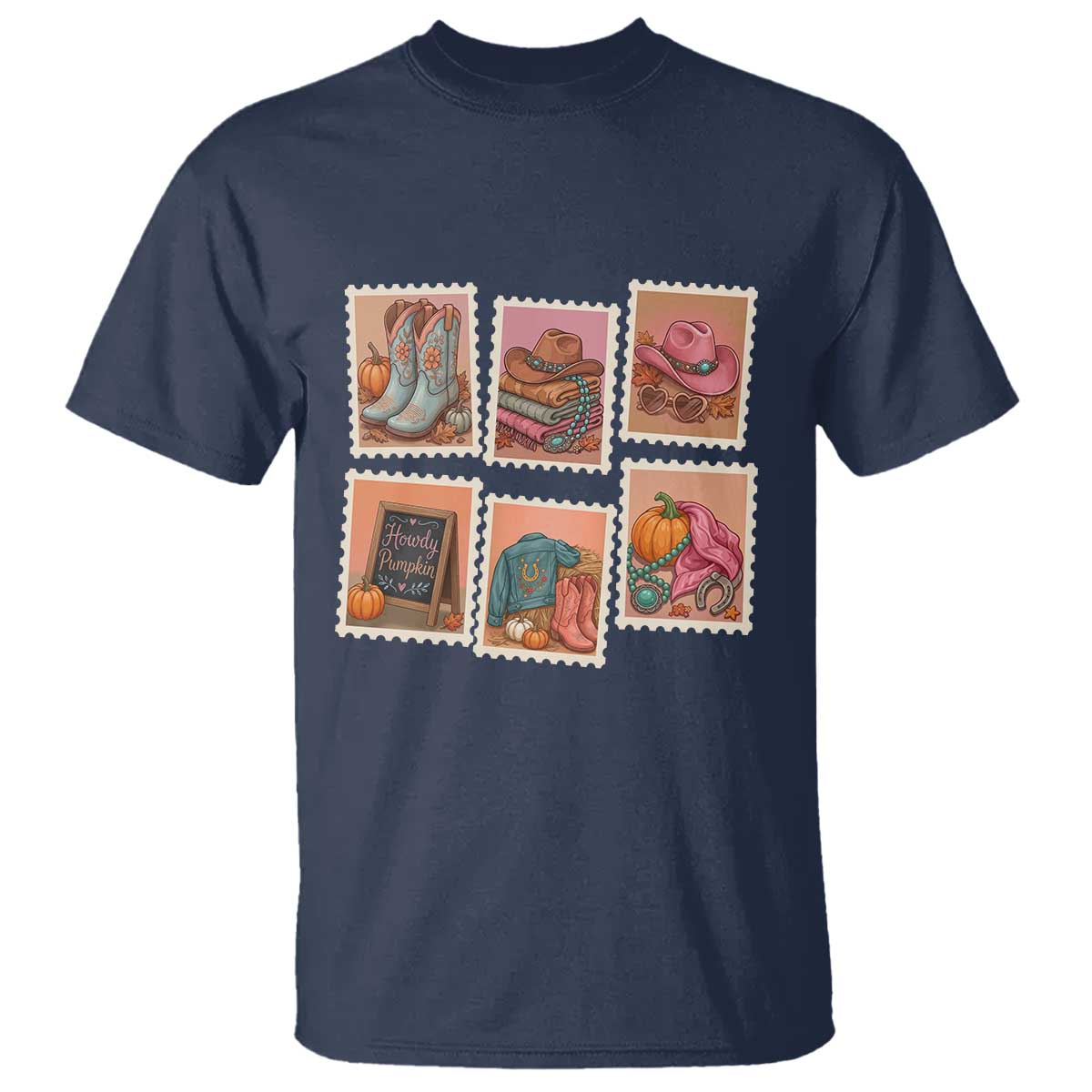 Boho Western Autumn Stamp Rodeo Cowgirl T Shirt Fall Howdy Pumpkin Gift