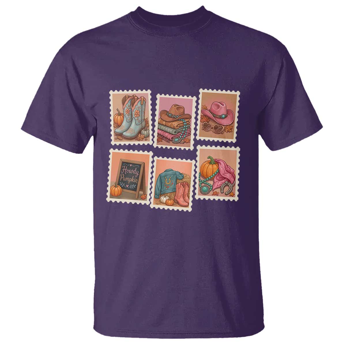 Boho Western Autumn Stamp Rodeo Cowgirl T Shirt Fall Howdy Pumpkin Gift