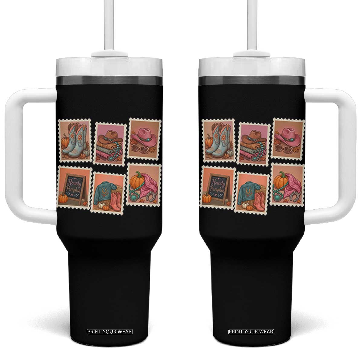 Boho Western Autumn Stamp Rodeo Cowgirl Tumbler With Handle Fall Howdy Pumpkin Gift