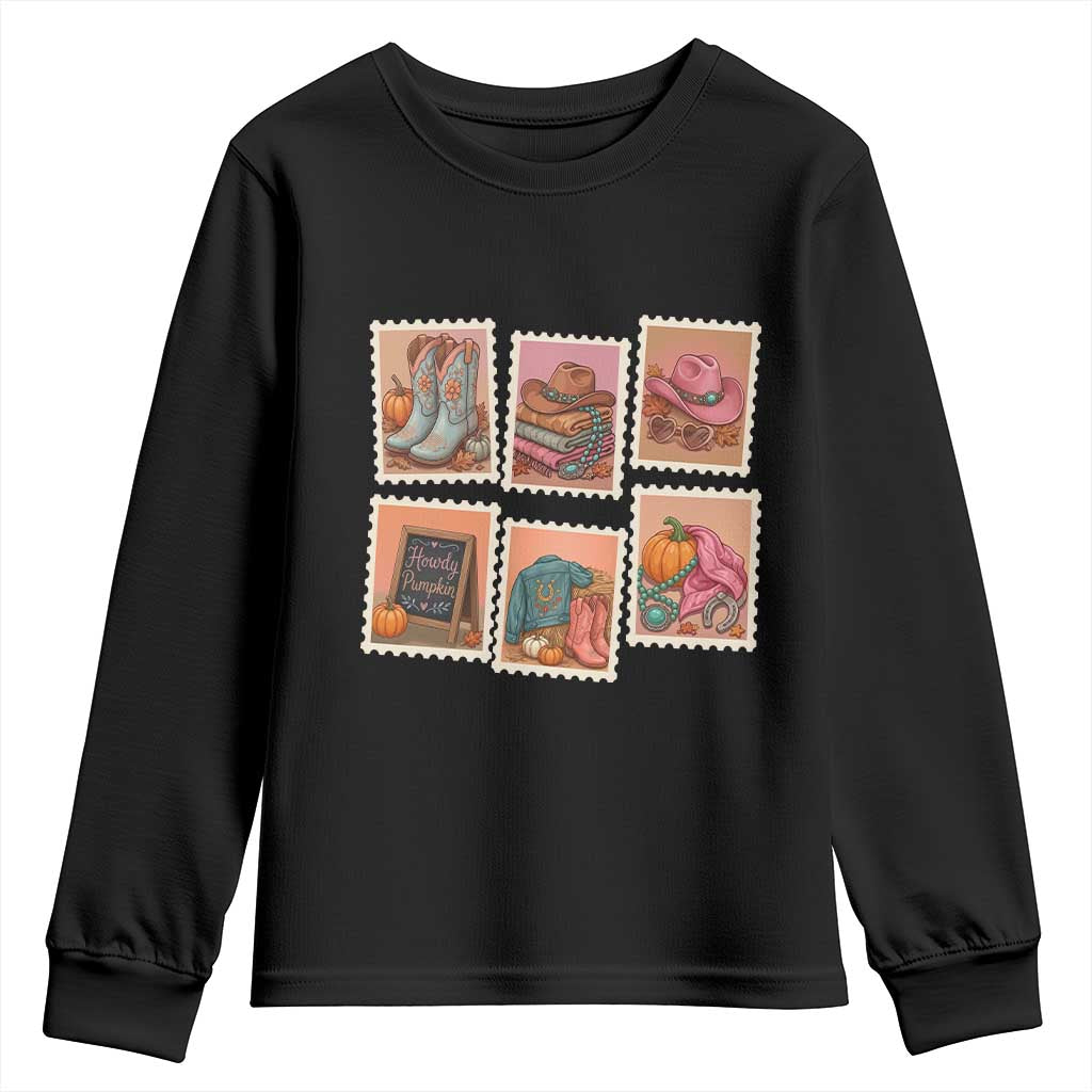 Boho Western Autumn Stamp Rodeo Cowgirl Youth Sweatshirt Fall Howdy Pumpkin Gift