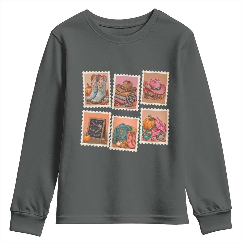 Boho Western Autumn Stamp Rodeo Cowgirl Youth Sweatshirt Fall Howdy Pumpkin Gift