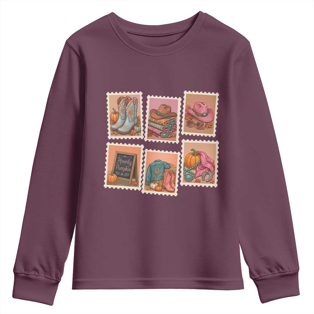 Boho Western Autumn Stamp Rodeo Cowgirl Youth Sweatshirt Fall Howdy Pumpkin Gift