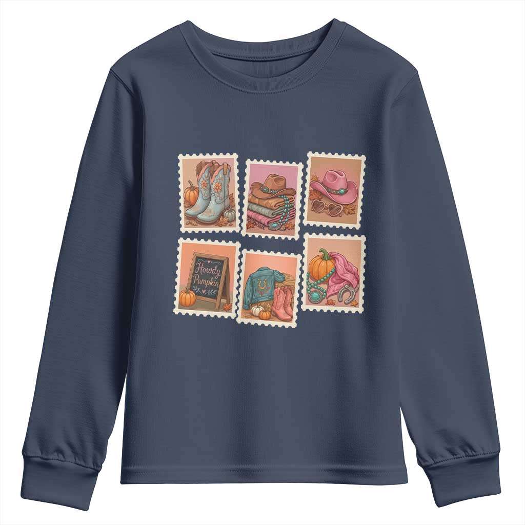 Boho Western Autumn Stamp Rodeo Cowgirl Youth Sweatshirt Fall Howdy Pumpkin Gift