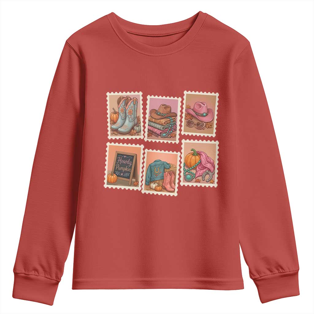 Boho Western Autumn Stamp Rodeo Cowgirl Youth Sweatshirt Fall Howdy Pumpkin Gift