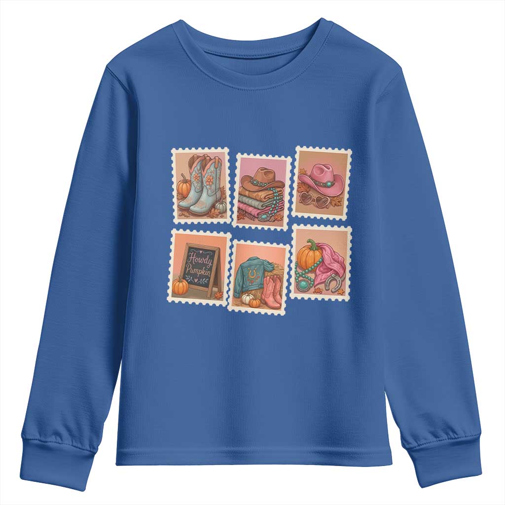 Boho Western Autumn Stamp Rodeo Cowgirl Youth Sweatshirt Fall Howdy Pumpkin Gift