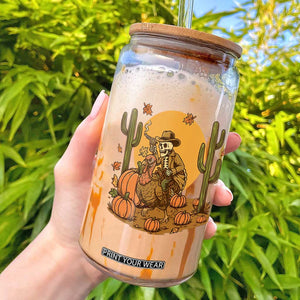 Funny Thanksgiving Rodeo Cowboy Gift Glass Can Western Skeleton Riding Turkey