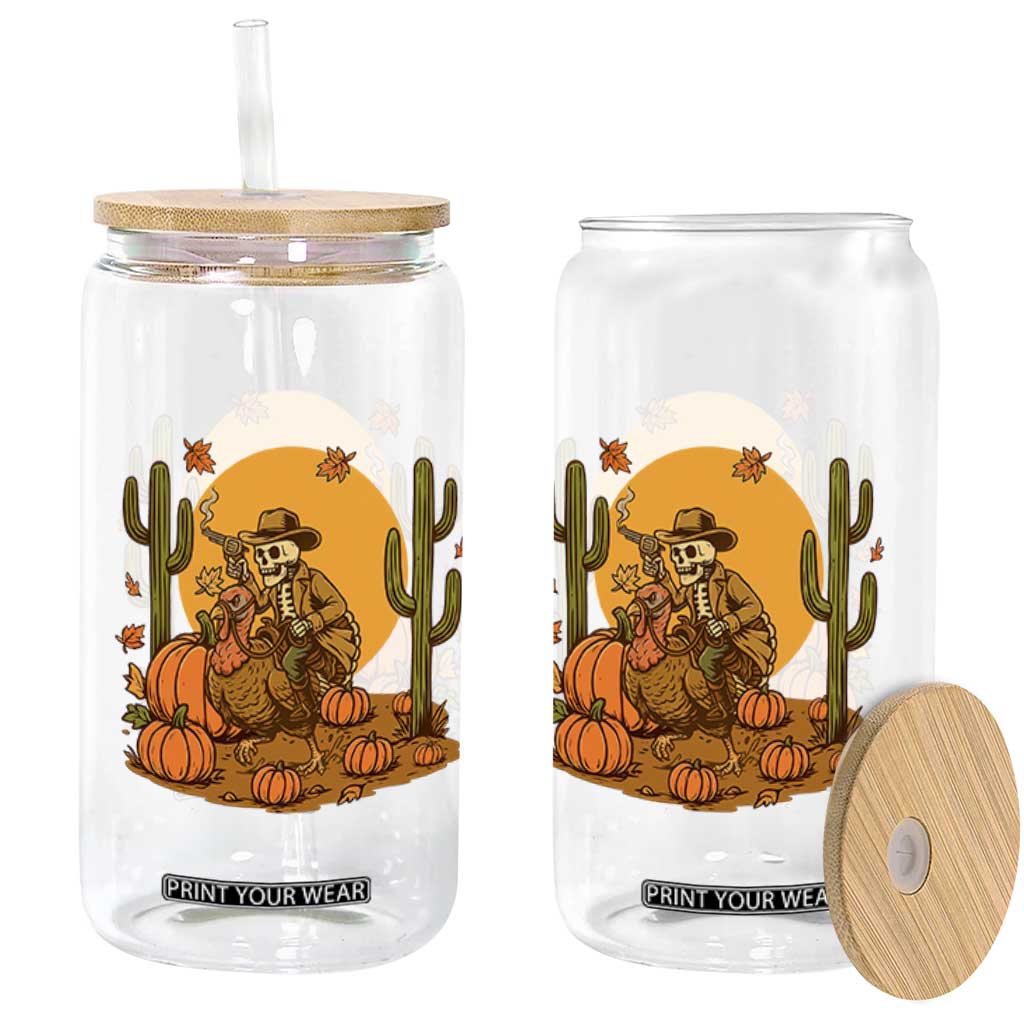 Funny Thanksgiving Rodeo Cowboy Gift Glass Can Western Skeleton Riding Turkey