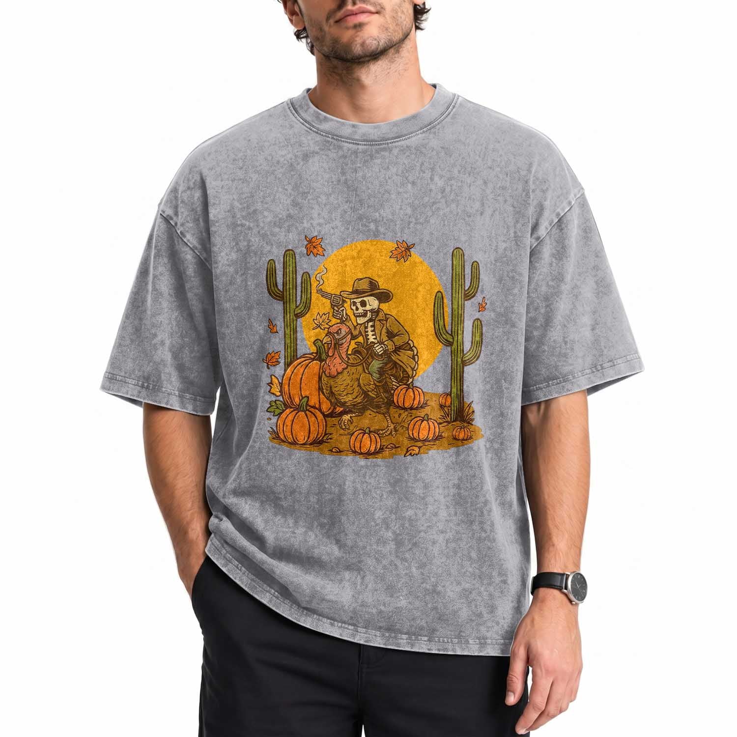 Funny Thanksgiving Rodeo Cowboy Gift Washed Cotton T-Shirt Western Skeleton Riding Turkey