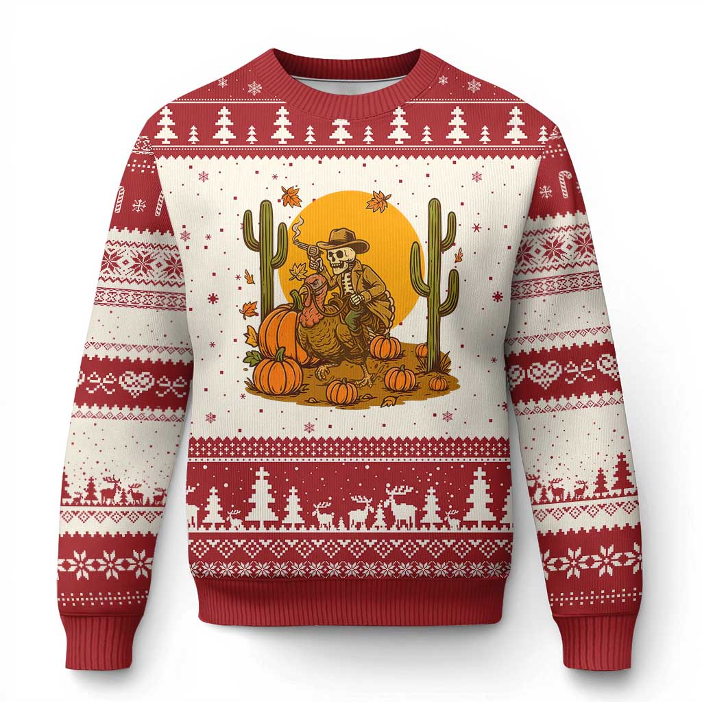 Funny Thanksgiving Rodeo Cowboy Gift Ugly Christmas Sweater Western Skeleton Riding Turkey