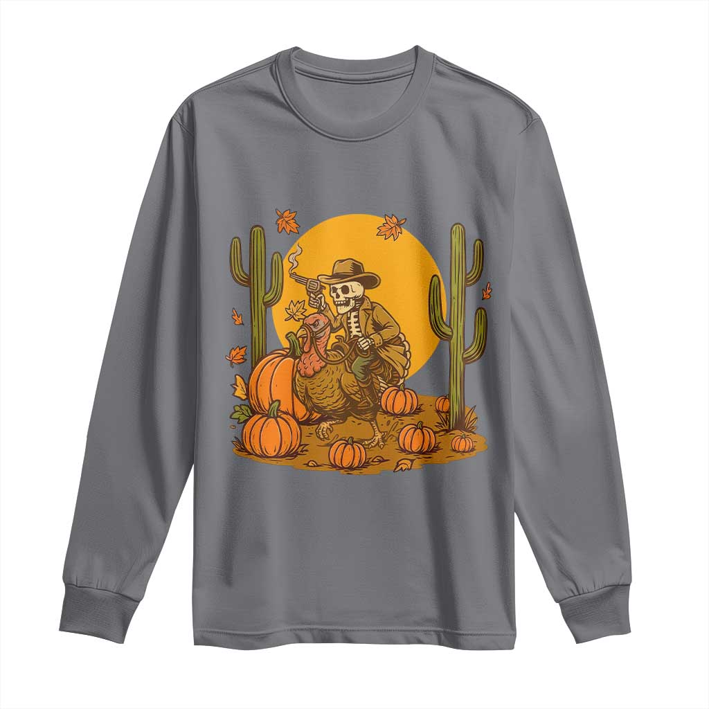 Funny Thanksgiving Rodeo Cowboy Gift Long Sleeve Shirt Western Skeleton Riding Turkey
