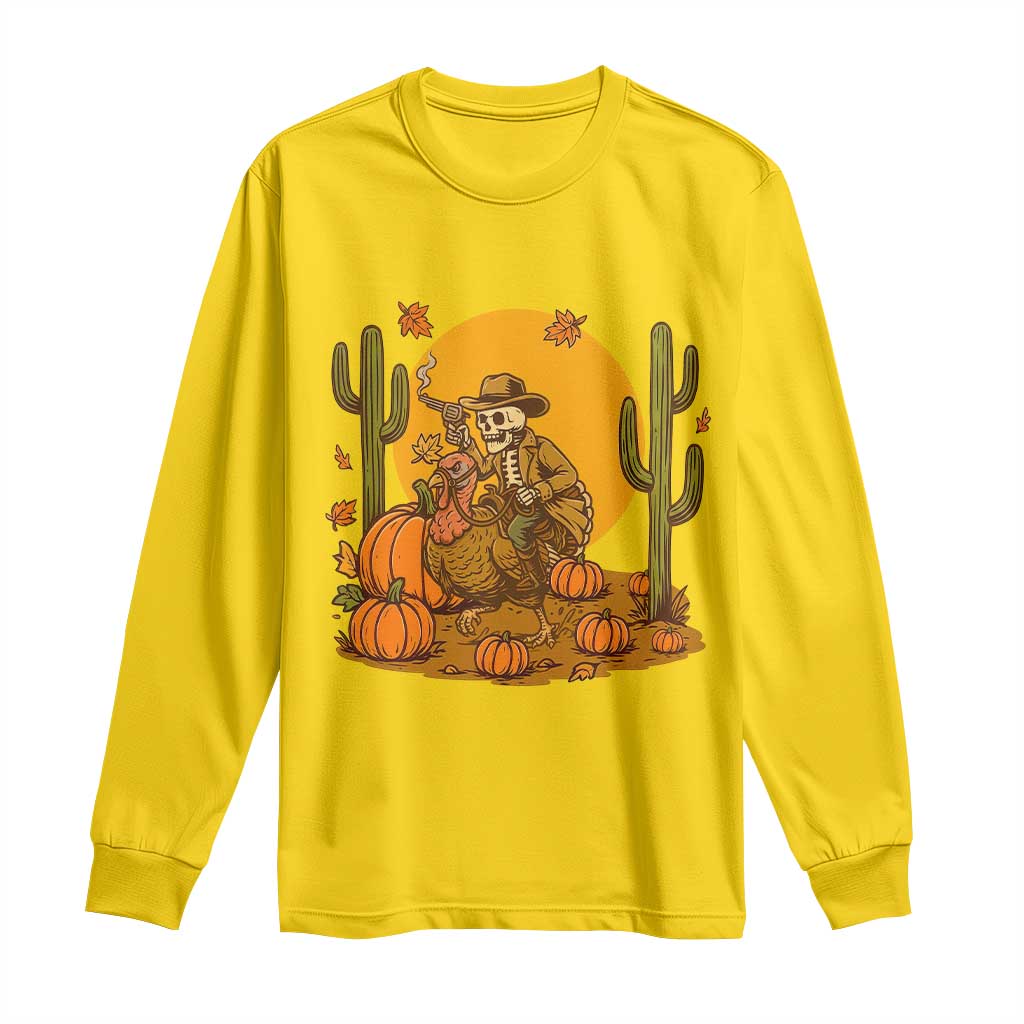 Funny Thanksgiving Rodeo Cowboy Gift Long Sleeve Shirt Western Skeleton Riding Turkey