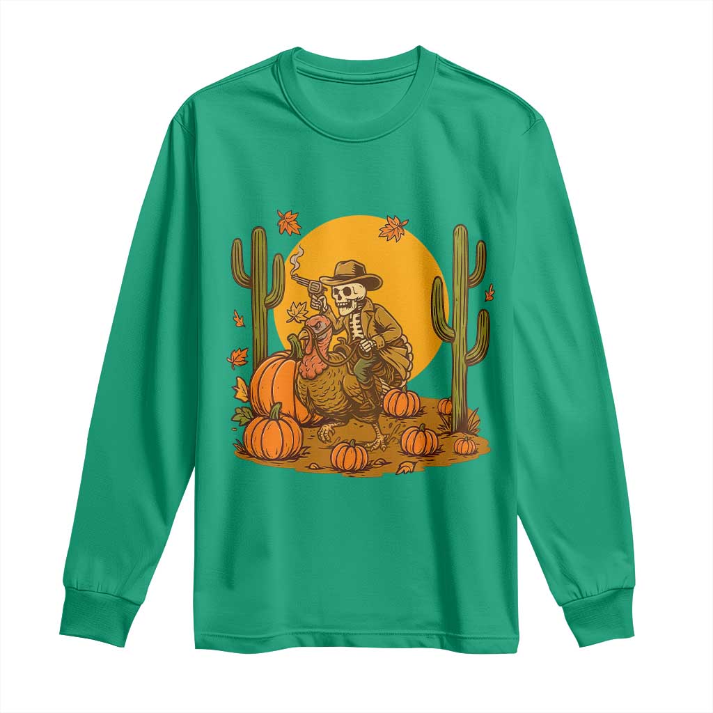 Funny Thanksgiving Rodeo Cowboy Gift Long Sleeve Shirt Western Skeleton Riding Turkey