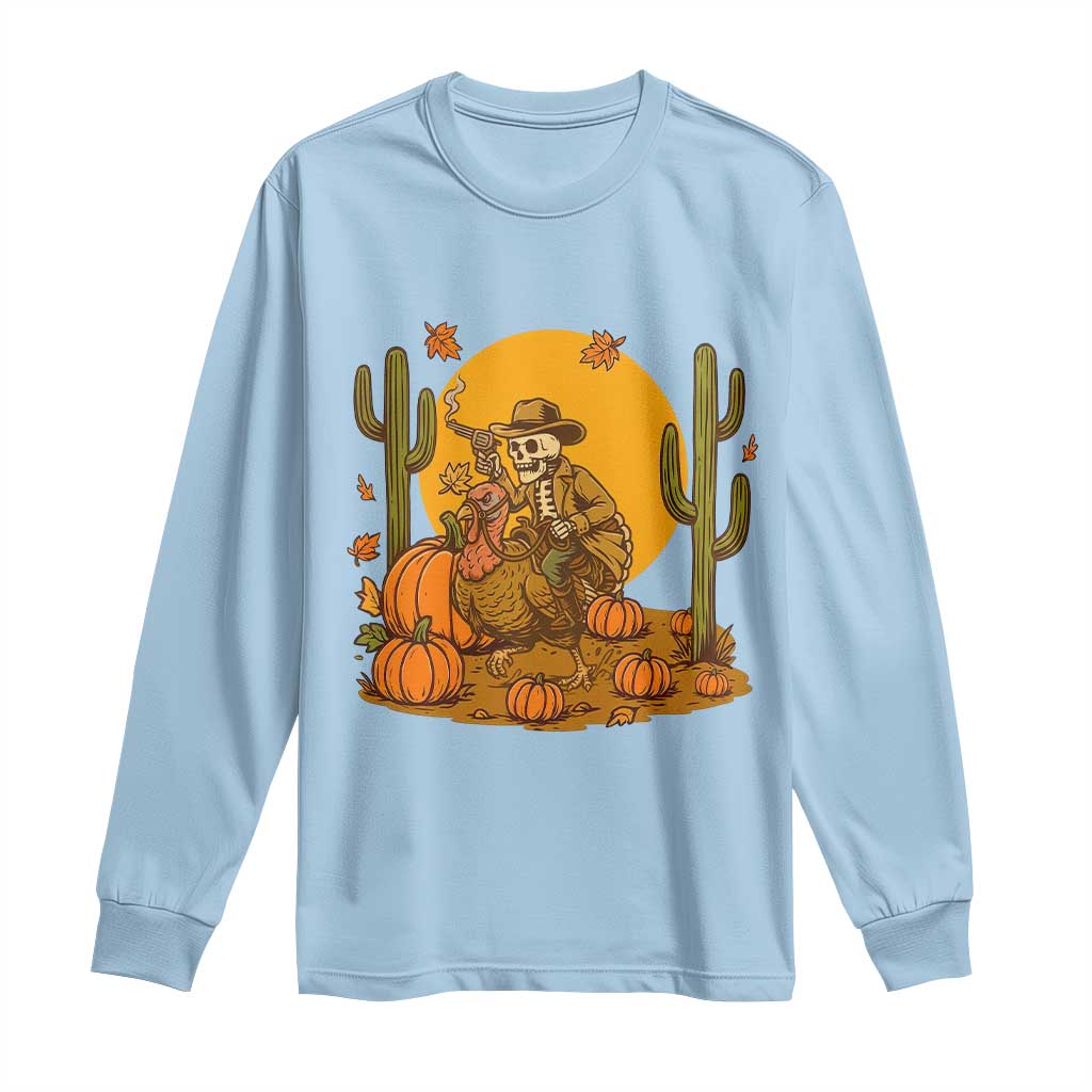 Funny Thanksgiving Rodeo Cowboy Gift Long Sleeve Shirt Western Skeleton Riding Turkey