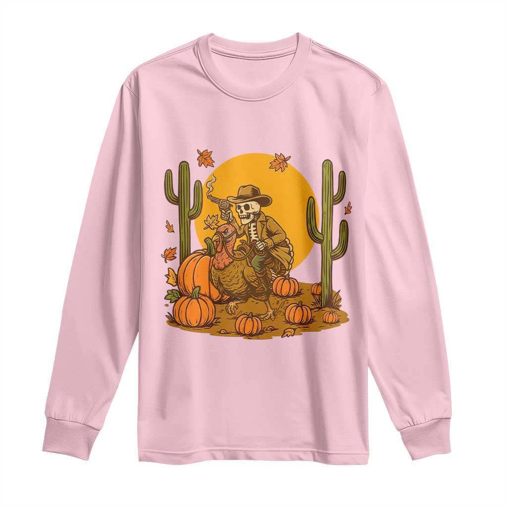 Funny Thanksgiving Rodeo Cowboy Gift Long Sleeve Shirt Western Skeleton Riding Turkey