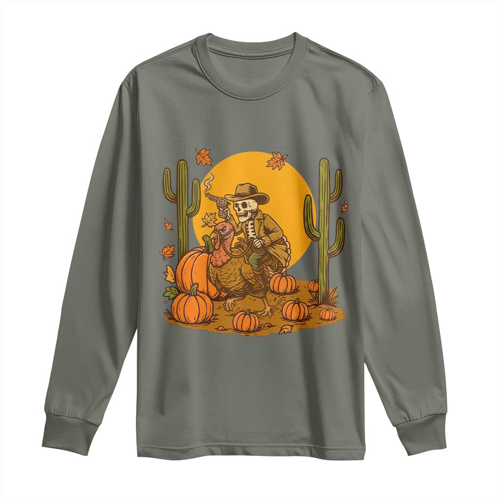 Funny Thanksgiving Rodeo Cowboy Gift Long Sleeve Shirt Western Skeleton Riding Turkey