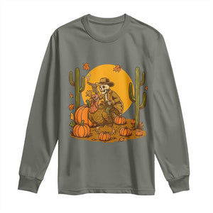 Funny Thanksgiving Rodeo Cowboy Gift Long Sleeve Shirt Western Skeleton Riding Turkey