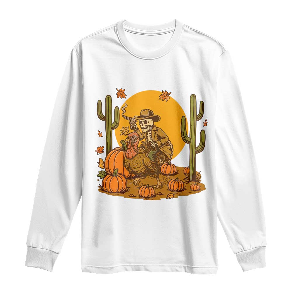Funny Thanksgiving Rodeo Cowboy Gift Long Sleeve Shirt Western Skeleton Riding Turkey