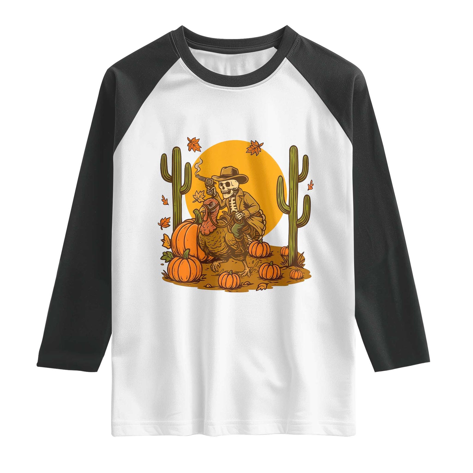 Funny Thanksgiving Rodeo Cowboy Gift Raglan Shirt Western Skeleton Riding Turkey