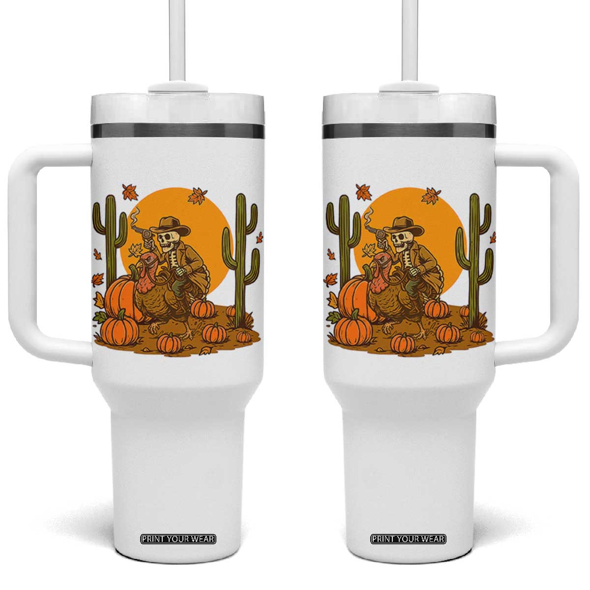 Funny Thanksgiving Rodeo Cowboy Gift Tumbler With Handle Western Skeleton Riding Turkey