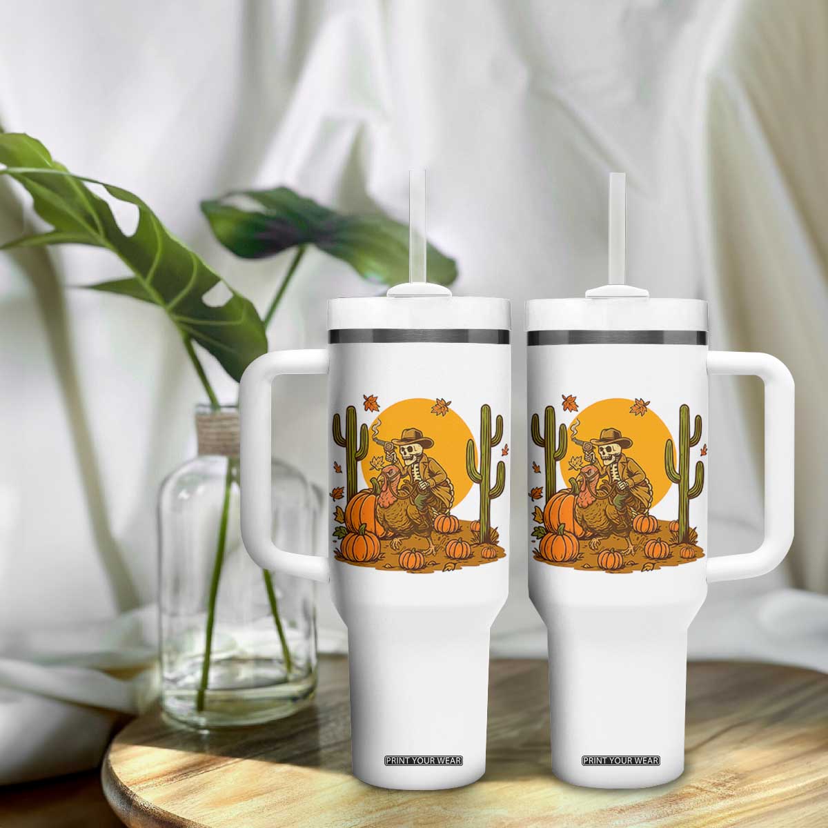 Funny Thanksgiving Rodeo Cowboy Gift Tumbler With Handle Western Skeleton Riding Turkey
