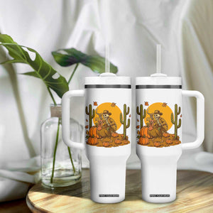 Funny Thanksgiving Rodeo Cowboy Gift Tumbler With Handle Western Skeleton Riding Turkey