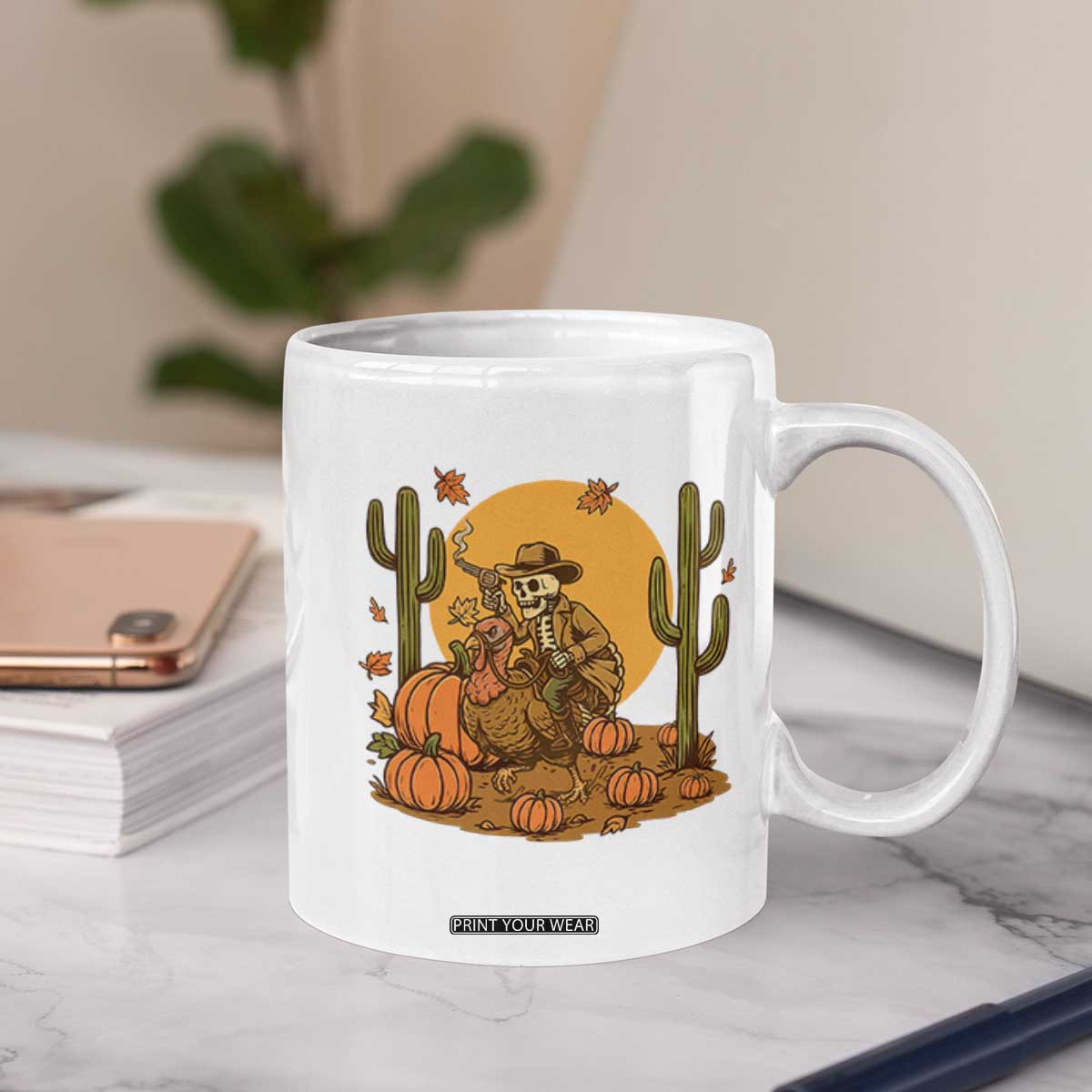 Funny Thanksgiving Rodeo Cowboy Gift Coffee Mug Western Skeleton Riding Turkey